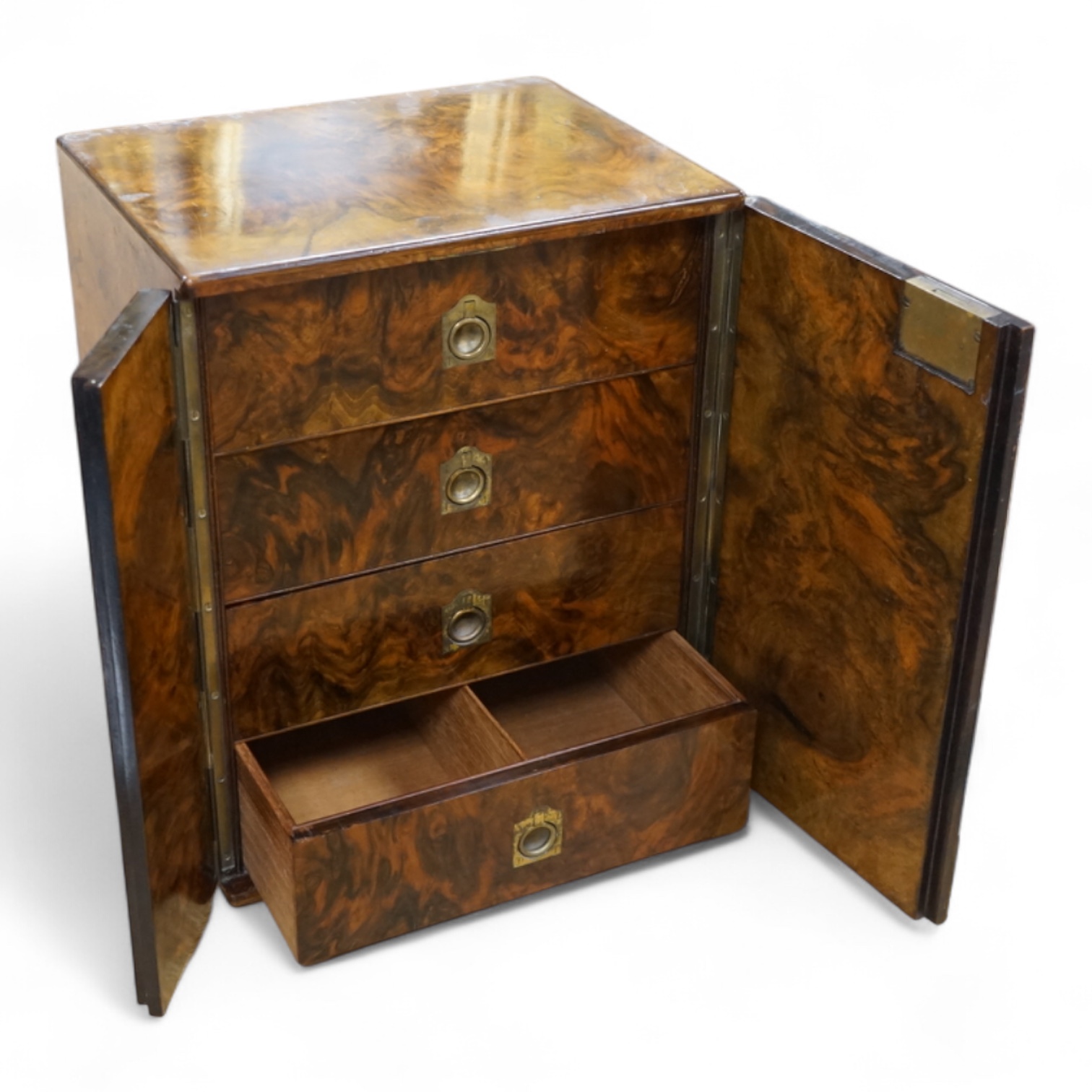 A Victorian burr walnut table top cabinet. 39cm high x 32cm wide x 25cm deep. Condition - some marks to top.
